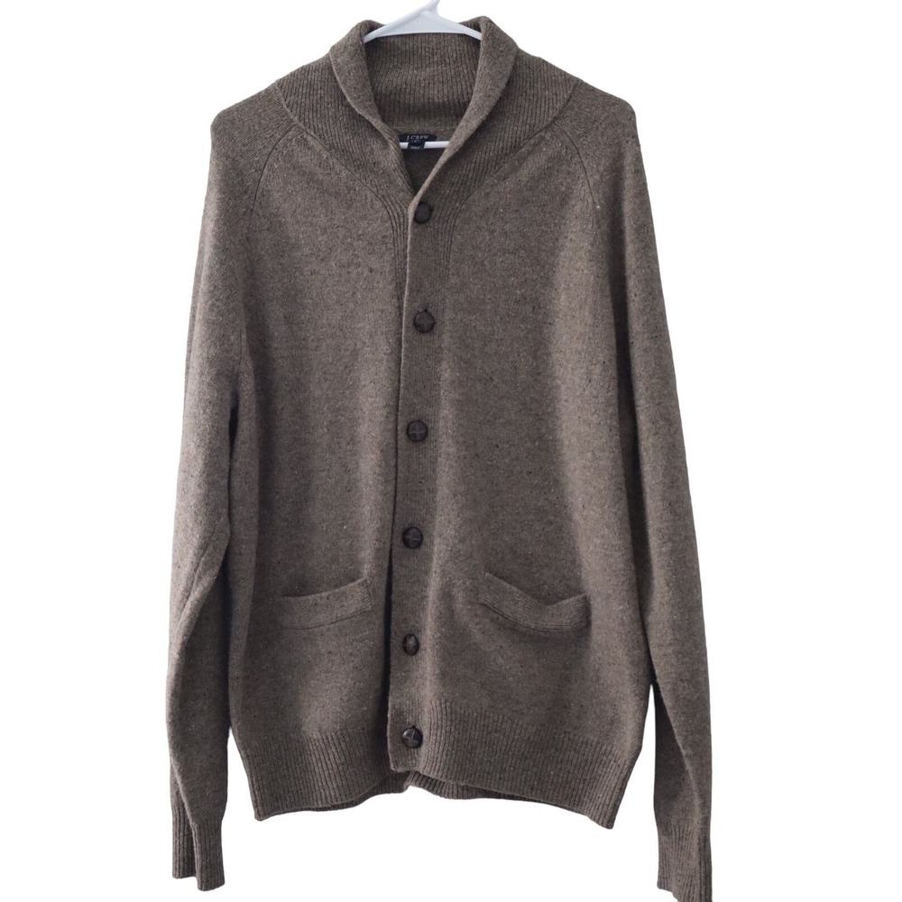J CREW Lamb Wool Cardigan Mens Tan Knit Fisherman Grandpa Sweater Sz L